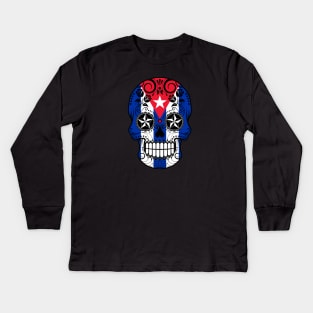 Cuban Flag Sugar Skull with Roses Kids Long Sleeve T-Shirt